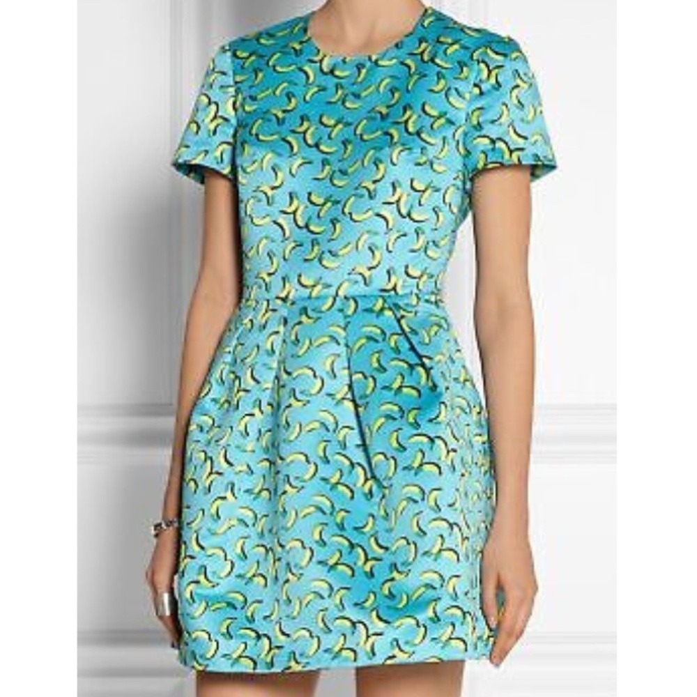 Markus Lupfer Frankie Dress XS  Blue Satin Banana Print Retro Whimsical Mini